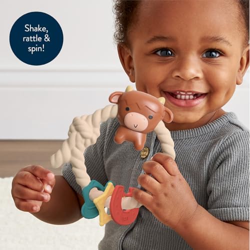 Itzy Ritzy Rattle Teether, Silicone Teething Toy w/ 3 Rings (Highland Cow)