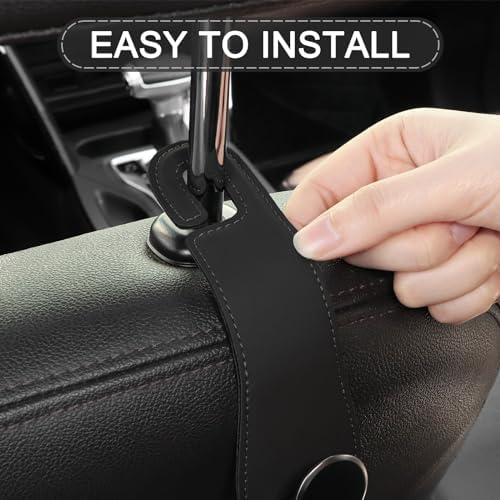 2 Pack Car Headrest Hooks Leather & Alloy Car Seat Storage Hangers, Black