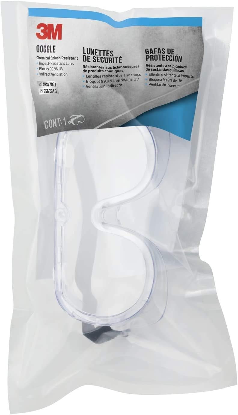 3M Chemical Splash/Impact Resistant Safety Goggle, 1 Pack