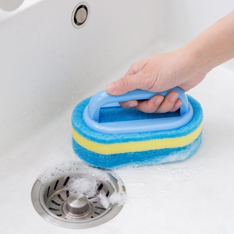 Thickened Cleaning Brush with Handle Household Cleaning Tool Kitchen Sponge Scrubber Bathtub for Toilet Tile Shower Wall Sink Floor Scrubbing (Blue)