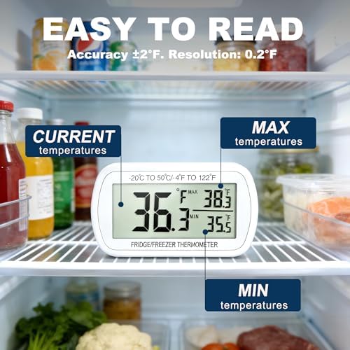 Waterproof Refrigerator Fridge Thermometer, Digital Freezer Room Thermometer, Max/Min Record Function Large LCD Screen and Magnetic Back for Kitchen, Home, Restaurants (2 Pack)