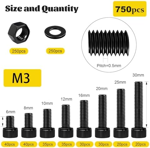 750PCS M3 Hex Socket Screw Assortment Kit,M3x6/8/10/12/16/20/25/30 mm