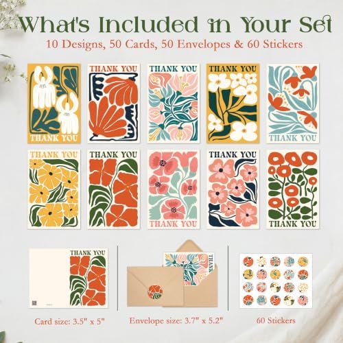 AUDREE Thank You Cards with Envelopes, Modern Abstract Flowers 50 Pack