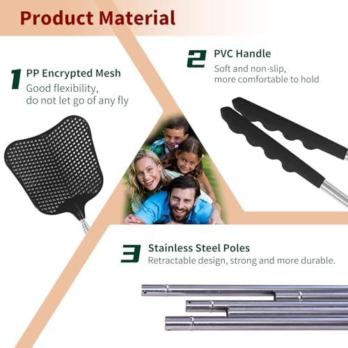 Fly Swatters 2 Pack, Durable Telescopic Stainless Steel Handle