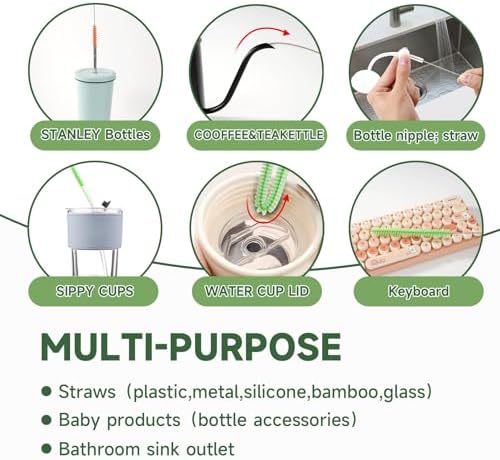 9PCS Reusable Long Colored Straw Cleaner Brush Set 12" Bendable
