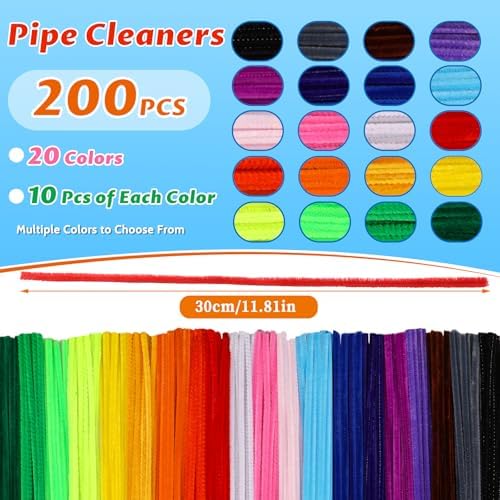 200 Pcs Pipe Cleaners, 20 Colors Pipe Cleaners Bulk for Crafts