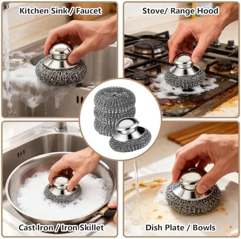 Steel Wool Scrubber, 4-Pack Stainless Steel Scrubber Pads with Handle - The Ultimate Scouring Solution for Rust, Stubborn Messes on Cookware, Grill, Oven & Kitchen Sinks
