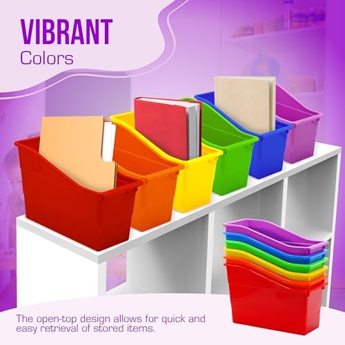 4E's Novelty 6 Durable Book and Binder Holder, Files Book Bins for Classroom, Plastic Vertical Storage Book Organizer Folder Office Classroom Organization Containers Supplies (Rainbow)