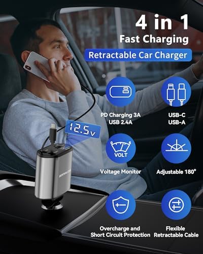 Retractable Car Charger,4 in 1 Fast Charging Car Charger with USB-C & USB-A