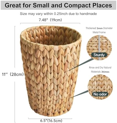 Coeusy Wicker Trash Can,Small Bathroom Trash Can,Water Hyacinth Wicker Waste Basket for Bathroom,Boho Waste Basket for Bedroom,Home Office,Compact Spaces(2 Gallon Round)