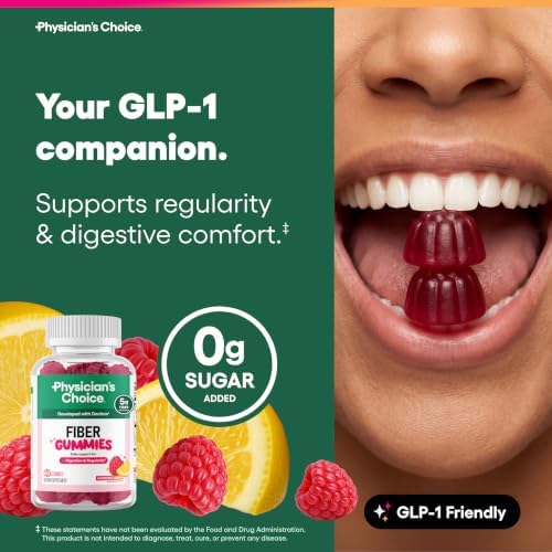 Physician's CHOICE Fiber Gummies for GLP-1 Support - No Sugar Added & Vegan - Raspberry Lemon - Natural Chicory Root Prebiotic Fiber Gummy - Digestive Health & Regularity for Women & Men - 60CT