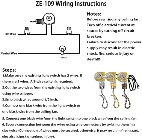 Ceiling Fan Light Switch Zing Ear ZE-109 Two-Wire With Pull Cords for Fans, Lamps and Wall Lights - Pull Chain Control Replacement On-Off, 2 Pcs Bronze