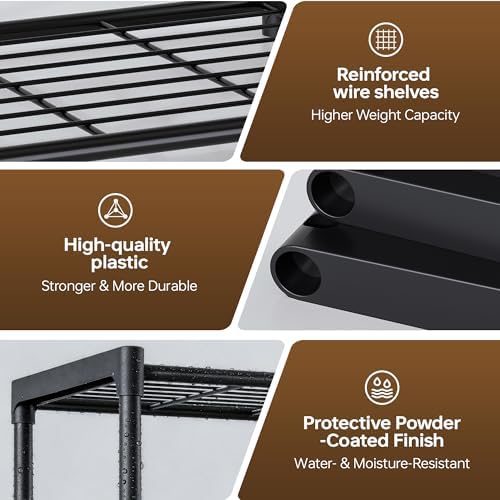 3-Tier Storage Shelves with Plastic Connectors – Metal Shelf Organizer for Pantry, Closet & Bathroom, Space-Saving Sturdy Shelving Unit Rack, Black, 17.3" x 12.8" x 28.9"
