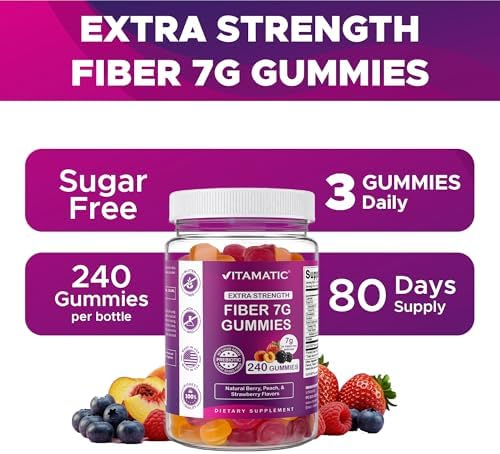 Vitamatic Prebiotic Fiber Gummies for Adults, 7G Extra Strength, Zero Sugar Added, 240 Pectin Based Gummies, Digestive Health & Regularity Support