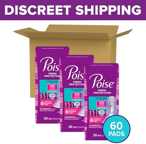 Poise Ultra Thin Incontinence Pads for Women, 5 Drop, Wings, Long, 60 ct