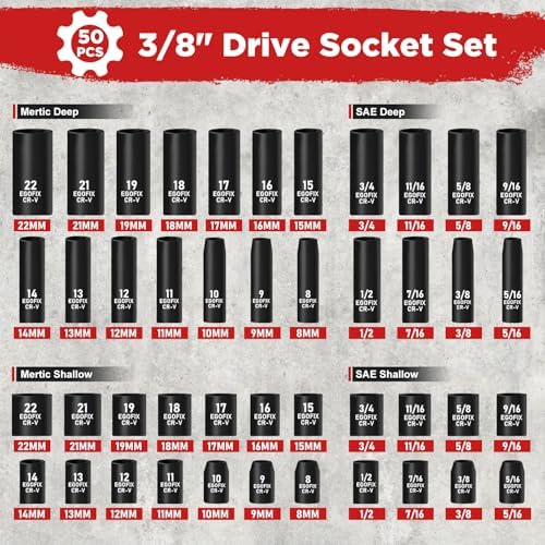 3/8" Drive Impact Socket Set, 50 Piece Standard SAE (5/16 to 3/4 inch) and Metric (8-22mm) 6 Point, with Adjustable Ratchet Handle, Extension Bars, Impact Universal Joint, Adapter, Cr-V Steel