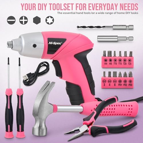 Hi-Spec 3.6V Cordless Electric Screwdriver and Tool Kit for DIY, Pink