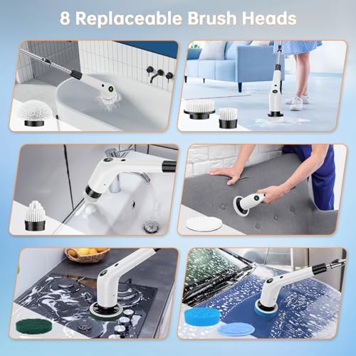 PUFTEM Electric Spin Scrubber, Cordless Shower Scrubber, Adjustable Handle