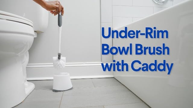 Clorox Corner Toilet Bowl Brush with Under Rim Scrubber, Includes Corner Storage Caddy, White
