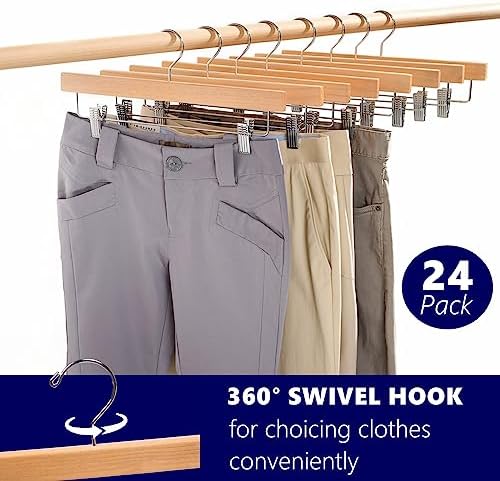 Amber Home 24 Pack Natural Wooden Pants Hangers with Adjustable Clips, 14"