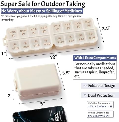 Compact & Foldable Weekly Pill Organizer 2 Time a Day, 7-Day AM PM Pill Box