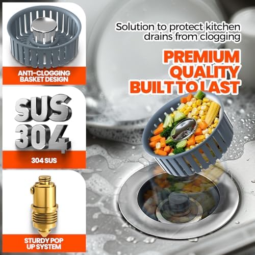 3 in 1 Kitchen Sink Drain Strainer and Stopper Silver 1 Pack