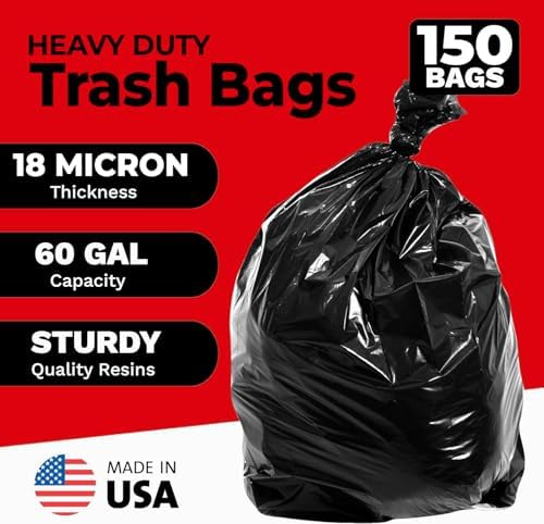 ToughBag 55-60 Gallon Heavy Duty Trash Bags, 150 Count, Black, Made in USA