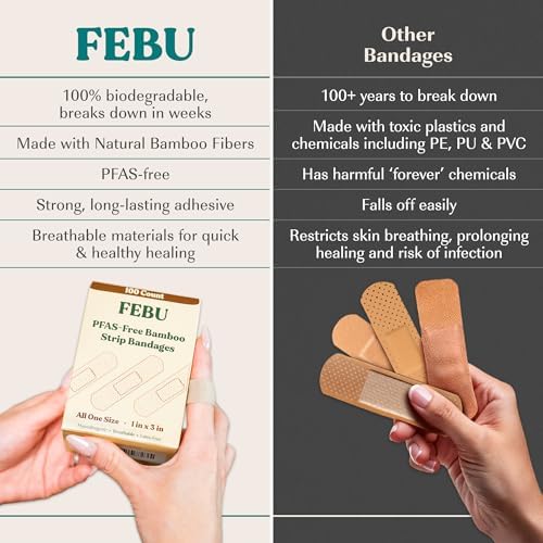 FEBU PFAS Free Bamboo Fabric Bandages, 75 Count Strip