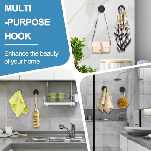 Vacuum Suction Cup Hooks for Shower, Shower Hooks for Inside Shower Glass Window, Mirror, No Drill Towel Hooks for Bathrooms, Bath Robe Coat Looafh Wreath Hook for Hanging - 2 Pack, Black
