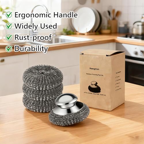 Steel Wool Scrubber, 4-Pack Stainless Steel Scrubber Pads with Handle - The Ultimate Scouring Solution for Rust, Stubborn Messes on Cookware, Grill, Oven & Kitchen Sinks