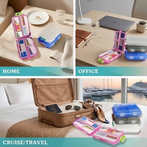 Pill Organizer with 161 Medicine Labels, Daily Travel Pill Case (Pink)
