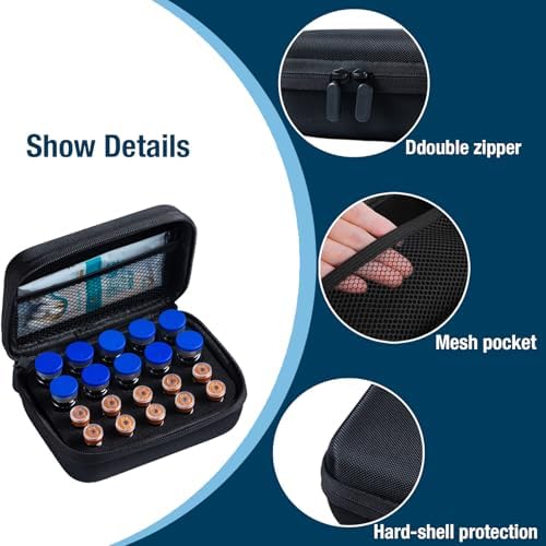 Peptide Case for Fridge, 20 Vials Holder, Fits 1ml 3ml 5ml 10ml Vials Storage, Not Fit Tall 10ml Vial,Diabetes Medication Organizer with Strap, Case Only, Black