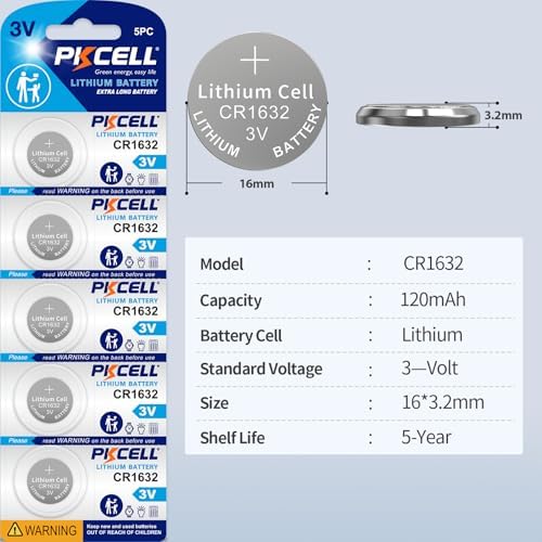 PKCELL CR1632 Battery 5 Pack CR1632 3V Lithium Coin Battery