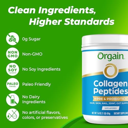 Orgain 20g Collagen Peptides + Prebiotic & Probiotics Powder, 1lb