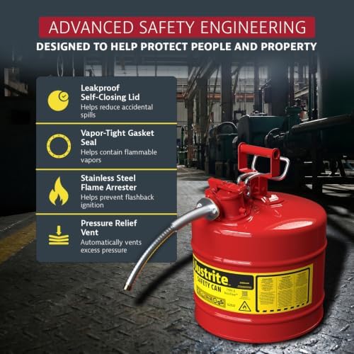 Justrite Type II Gasoline Safety Can, Red Galvanized Steel, FM Approved