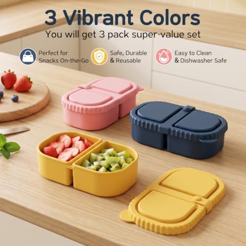 ICEROYCE 3 Pack Silicone Snack Containers for Kids, 2 Compartment Lunch Box