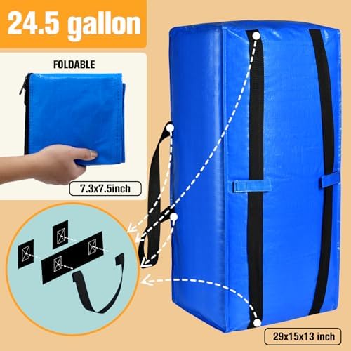 Heavy Duty Blue Moving Bags with Strong Zipper Handles Backpack Straps