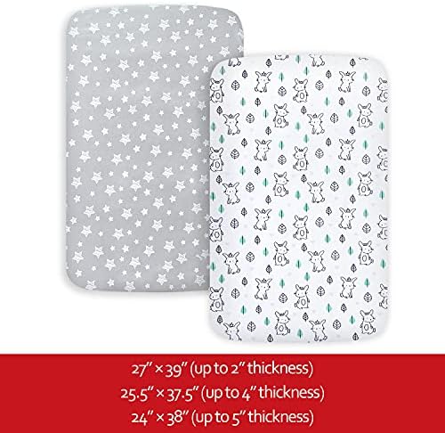 Pack and Play Sheets, 2 Pack Mini Crib Sheets, Stretchy Playard Fitted Sheet, Compatible with Graco Pack n Play, Soft and Breathable Material, Stars & Bunny