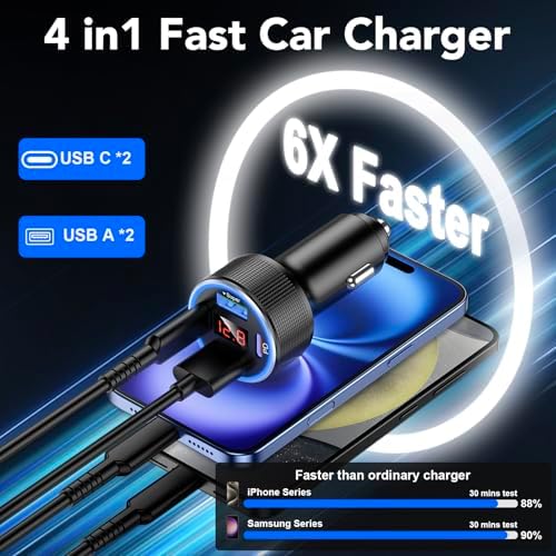 Car Charger USB C Fast Charge, 4 Port 78W Metal Car Phone Charger with Voltmeter, 2 USB-C & 2 USB-A Cigarette Lighter USB Charger Adapter for iPhone 17 16 15 Pro Max, Galaxy S26 S25, iPad