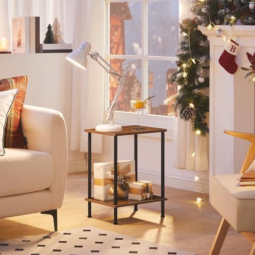 HOOBRO End Table, Small Side Table, Nightstand with 2-Layer Storage Shelves, Sofa Table for Small Spaces, Living Room, Bedroom, Stable Frame, Easy Assembly, Rustic Brown BF09BZ01