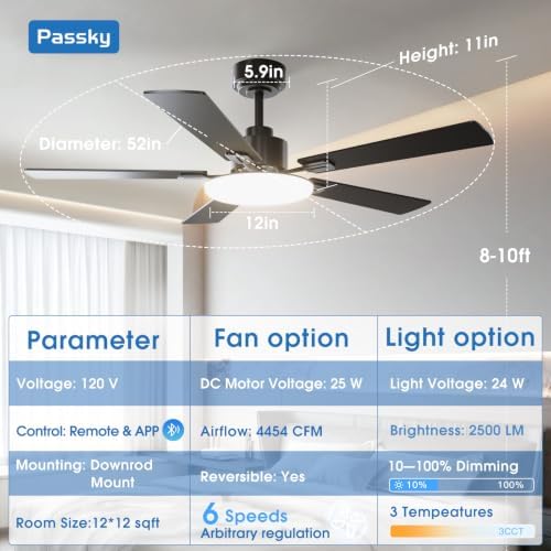 Passky 52 Inch Black Sleek Ceiling Fans with Lights, Remote Control