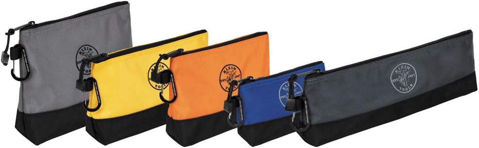 Klein Tools 55569 Stand-Up Zipper Bag Tool Pouch with Carabiners, Reinforced Gusseted Bottoms, Water Resistant 1680d, Multi-Size 5-Pack