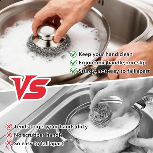 Steel Wool Scrubber, 4-Pack Stainless Steel Scrubber Pads with Handle - The Ultimate Scouring Solution for Rust, Stubborn Messes on Cookware, Grill, Oven & Kitchen Sinks