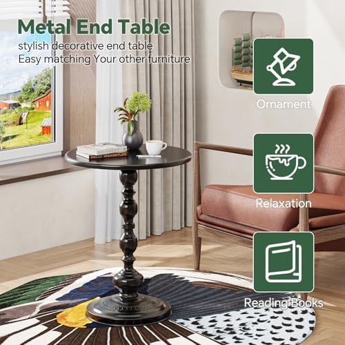 Simple Trending Small Side Table, Round Drink Table End Table, Sofa Table TV Tray Table, Pedestal Coffee Table for Living Room, Black