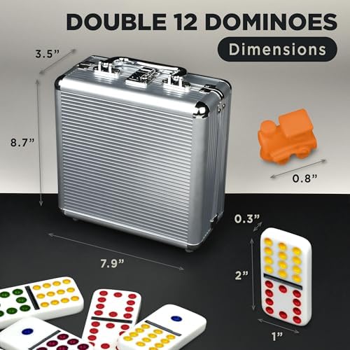 Queensell Mexican Train Dominoes Set with Wooden Hub, Domino Tile Board Games - Double 12 Dominos Set for Family Game Night for Adults and Kids Ages 8 and up (Double 12)