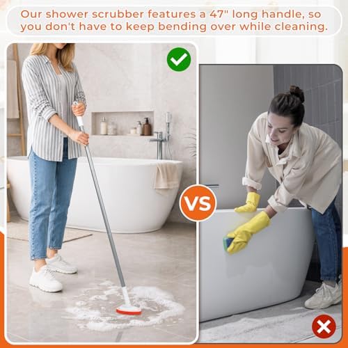 Bathtub Scrubber with Long Handle - Shower Scrub Brush with 8 Replacement Scouring Pads, Bathroom Cleaning Brush for Tub, Tile, Floor