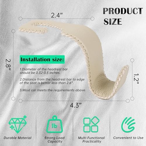 Car Seat Headrest Hook 55lb Heavy Duty Metal Hanger with Leather for Bags