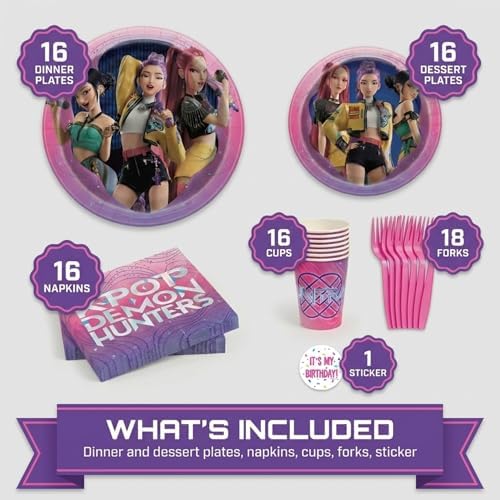 KPop Demon Hunters Birthday Decorations - Plates and Napkins, Cups, Forks