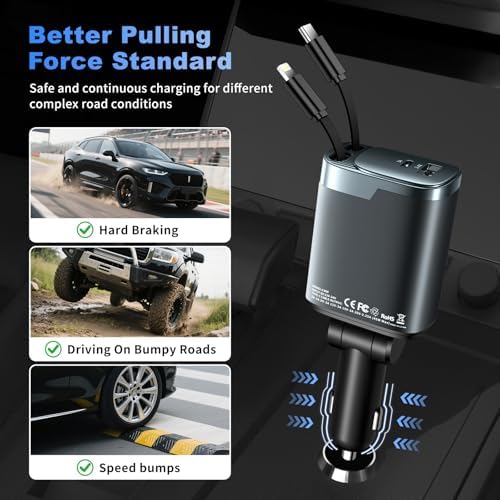 84W Retractable Car Charger, 4-in-1 Car Charger USB C Fast Charge Adapter