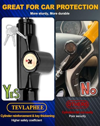 Tevlaphee Steering Wheel Lock Anti-Theft Device Security Car Lock Anti Theft Car Device Visible Antitheft Locking Devices Adjustable Car Wheel Lock for Cars with 3 Keys (Black)